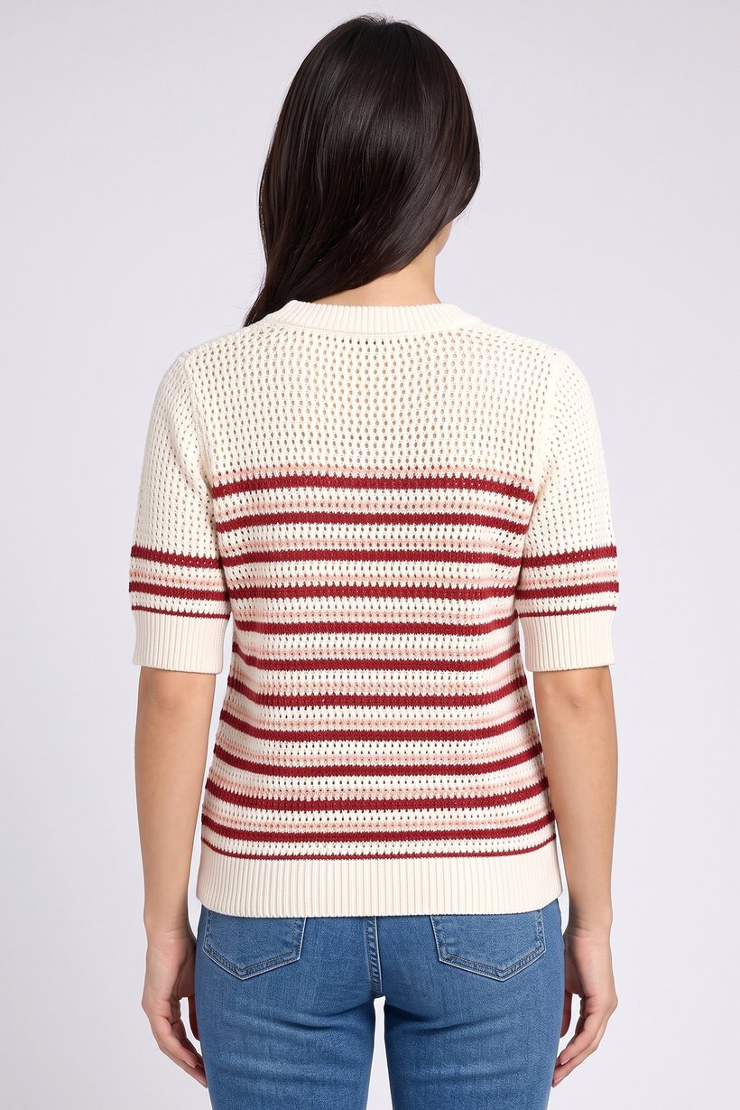 Women Crew Neck Short Sleeve Eyelet T-Shirt, Multicolor