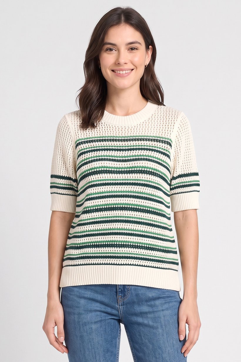 Women Crew Neck Short Sleeve Crochet T-Shirt, Multicolor