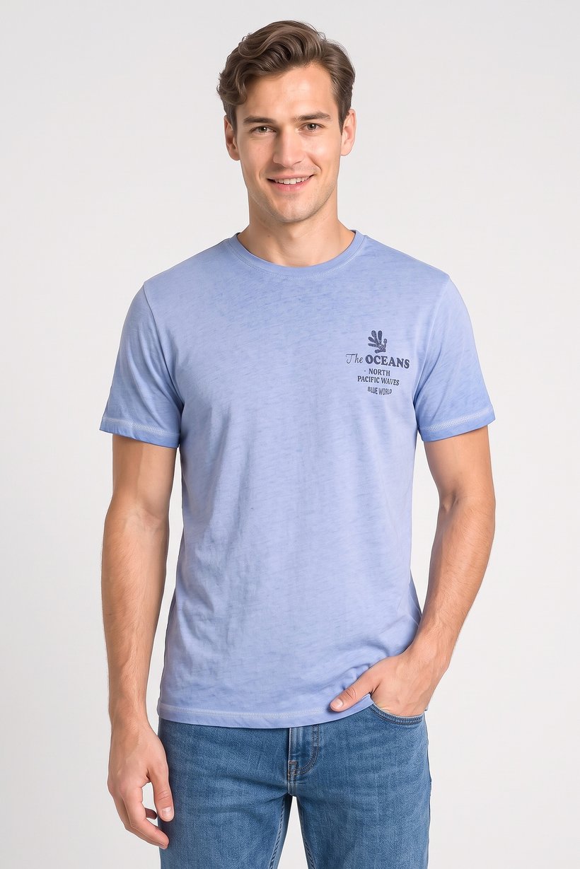 Men Crew Neck Short Sleeve Graphic Print T-Shirt, Blue