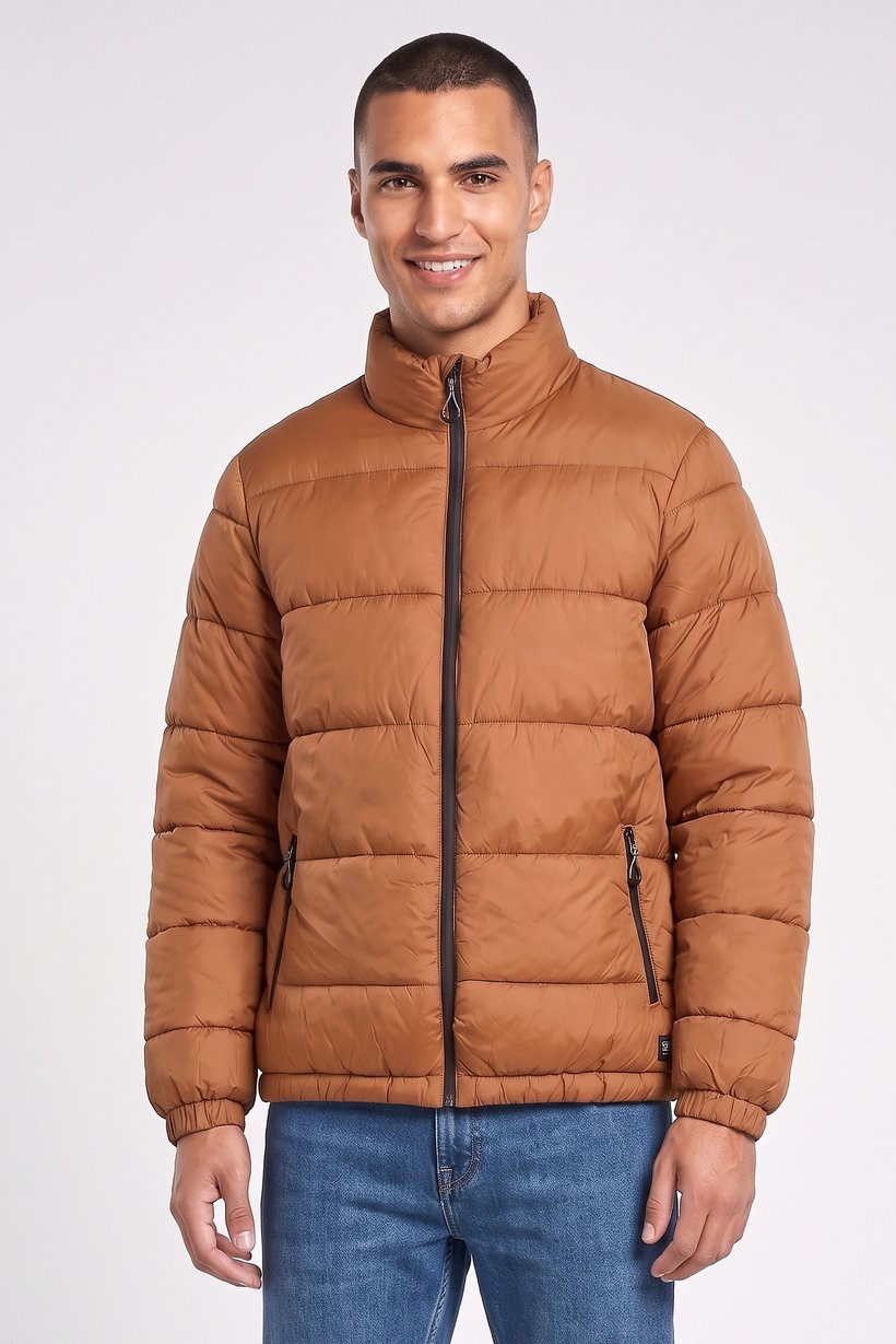 Men Quilted Puffer Jacket, Brown