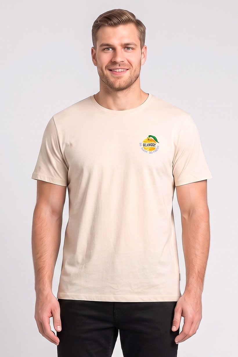 Men Crew Neck Short Sleeve Graphic Print  T-Shirt, Beige