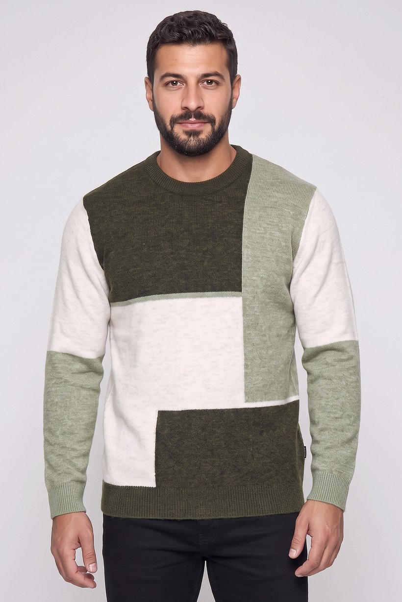 Men Crew Neck Colorblock Sweater, Multicolor