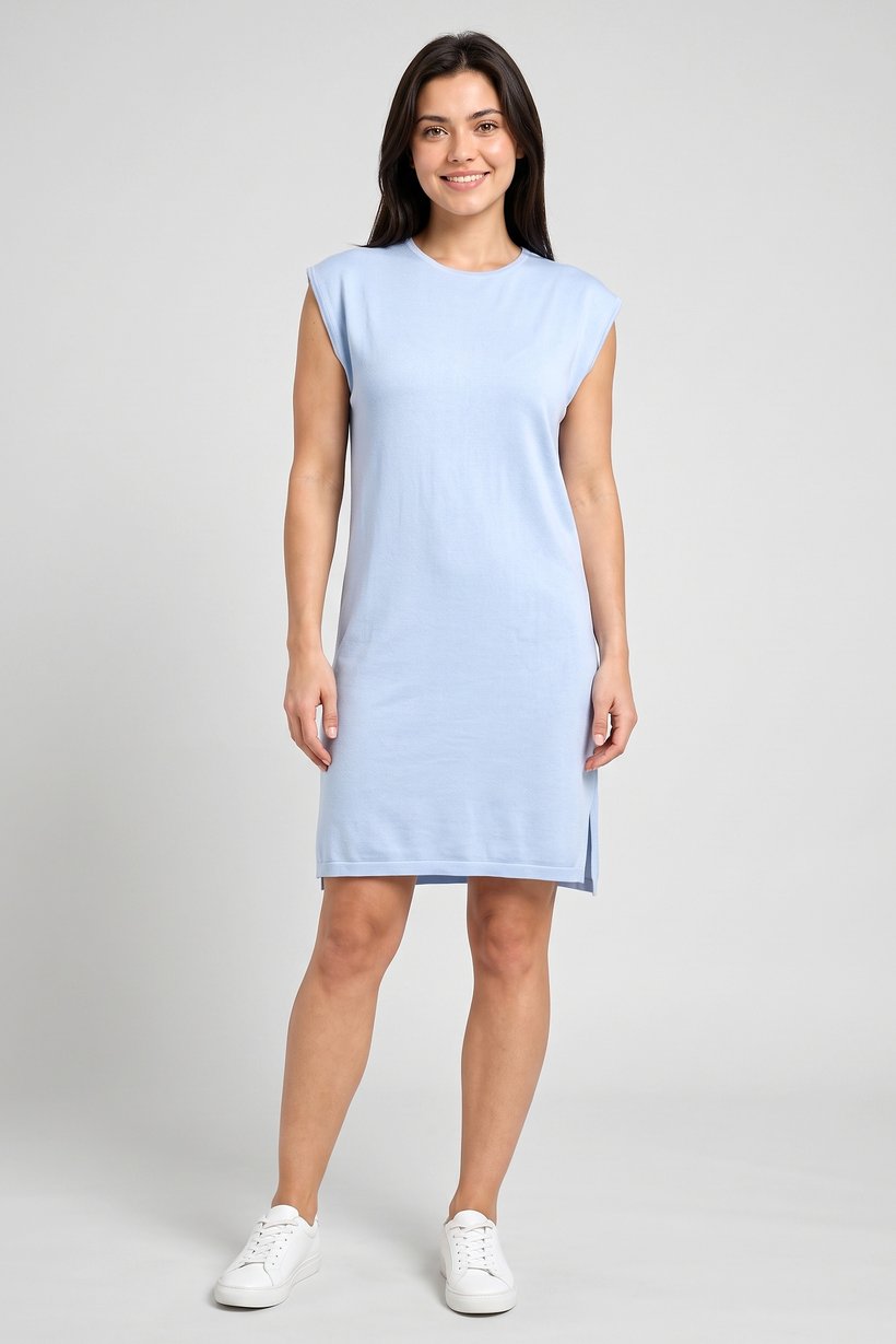 Women Round Neck Textured Midi Dress, Light Blue