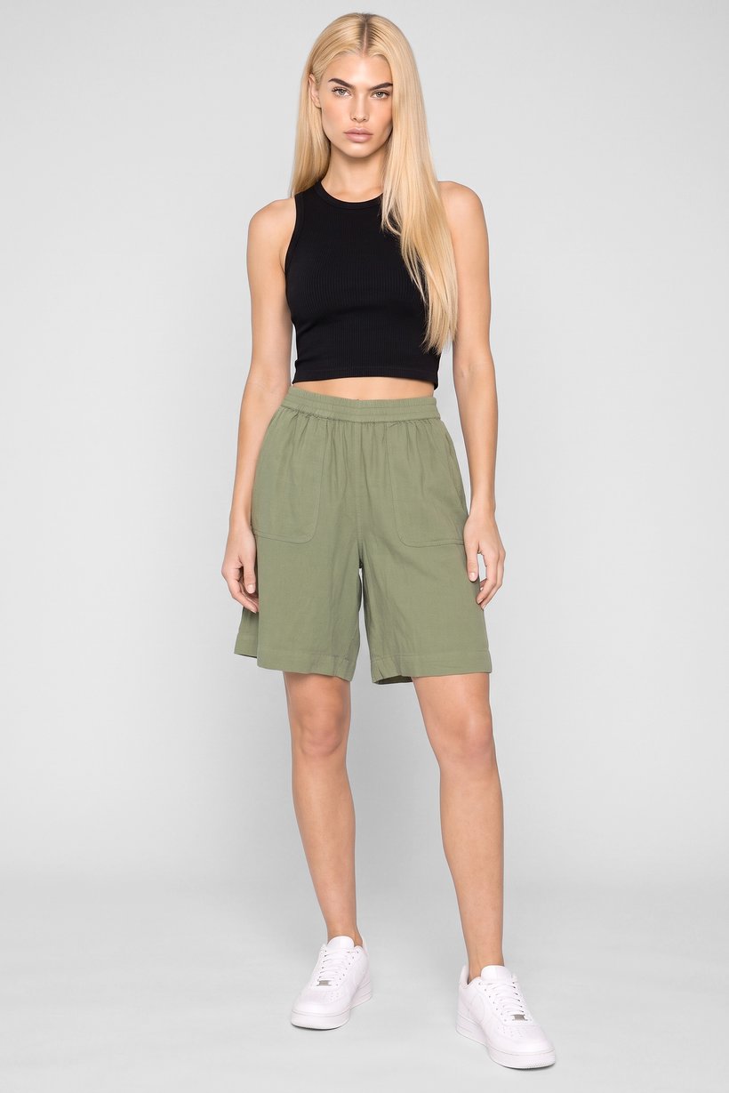 Women Chambray Basic Shorts, Sage Green
