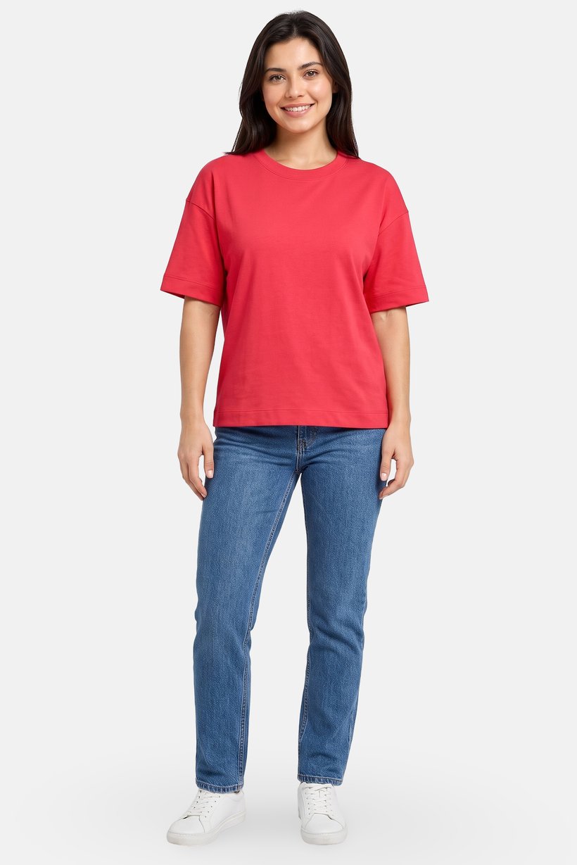 Women Crew Neck Short Sleeve Solid T-Shirt, Coral