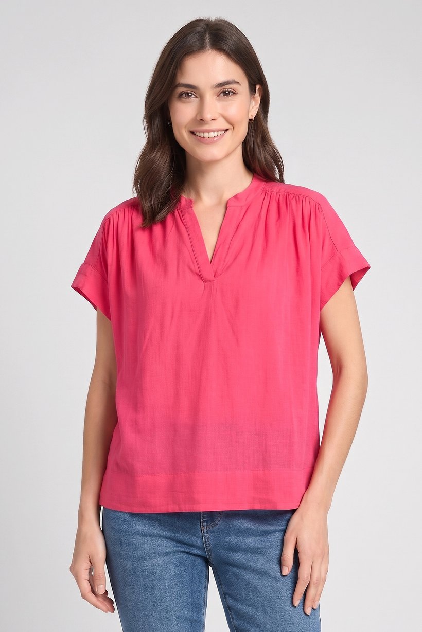 Women Split Neck Plain Cap Sleeve Top, Dark Pink