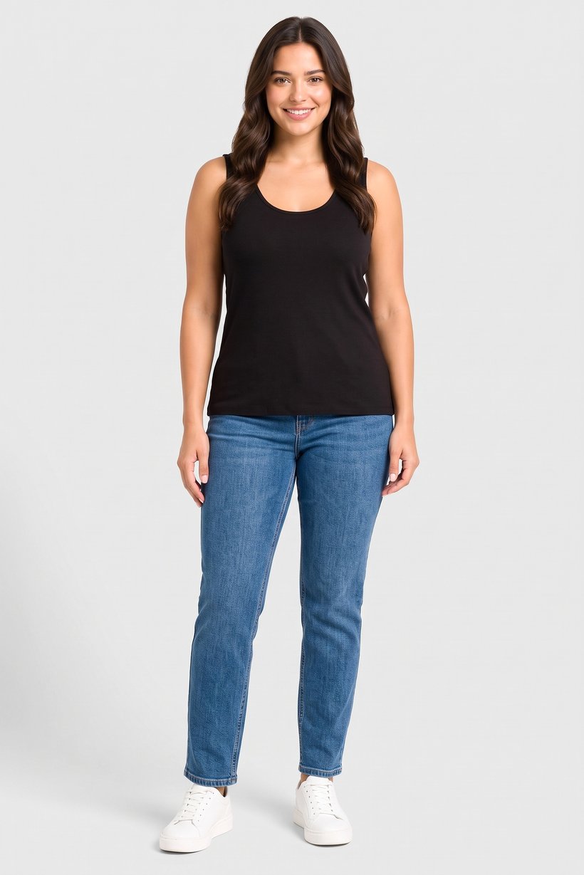 Women Round Neck Sleeveless Plain Tank Top, Black