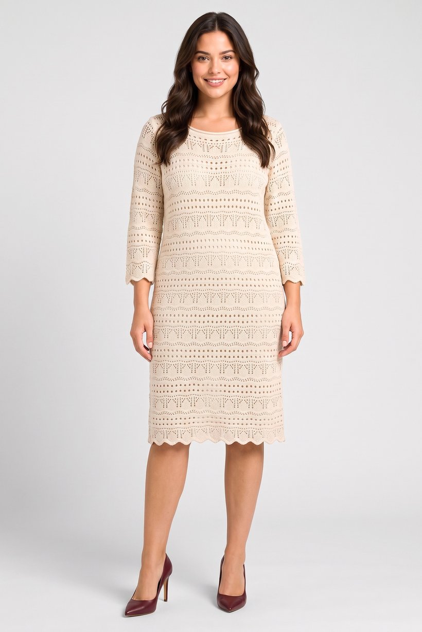 Women Eyelet Midi Dress, Beige