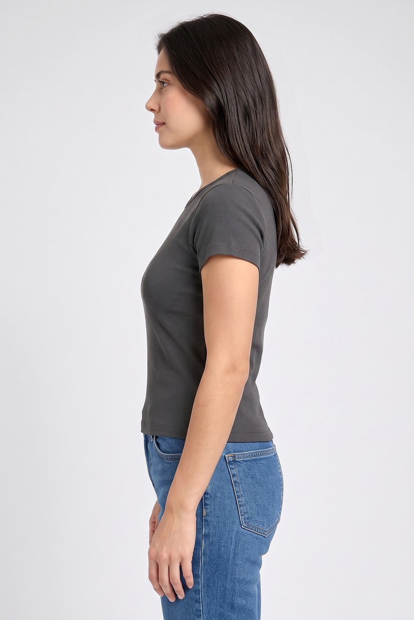 Women Crew Neck Short Sleeve Textured Crop Top, Dark Grey