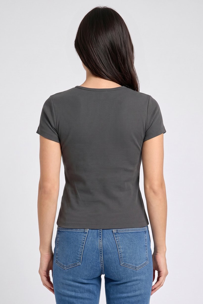 Women Crew Neck Short Sleeve Textured Crop Top, Dark Grey