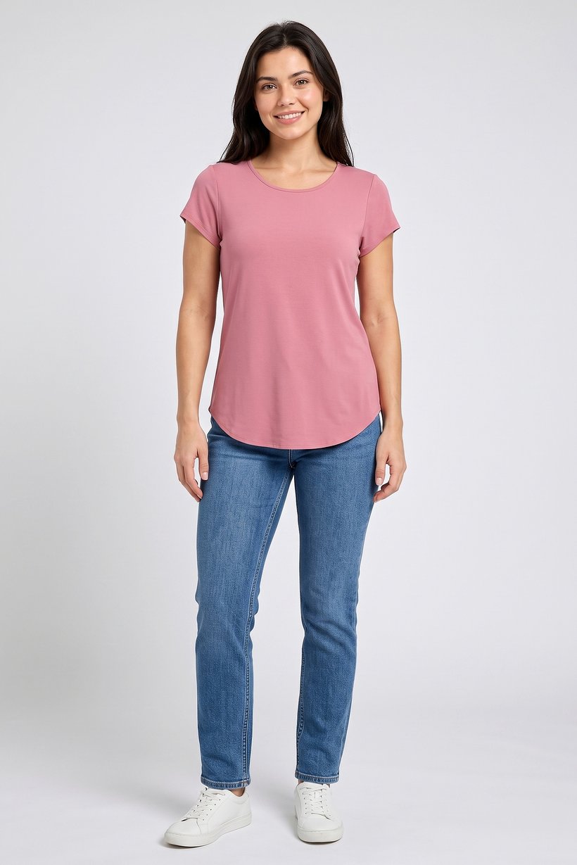 Women Scoop Neck Short Sleeve Plain T-Shirt, Pink