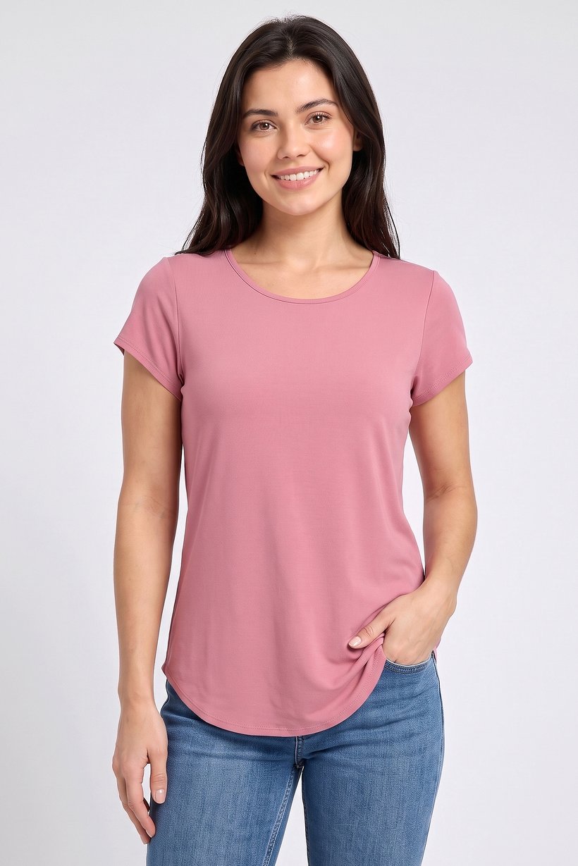 Women Scoop Neck Short Sleeve Plain T-Shirt, Pink