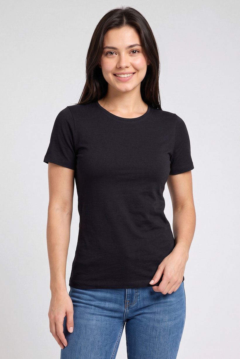 Women Crew Neck Short Sleeve Plain T-Shirt, Black