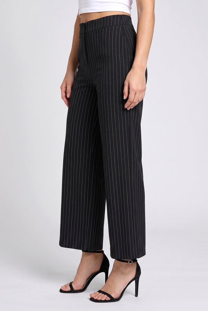 Women Regular Fit 30 Inseam Stripe Wide Leg Pants, Black
