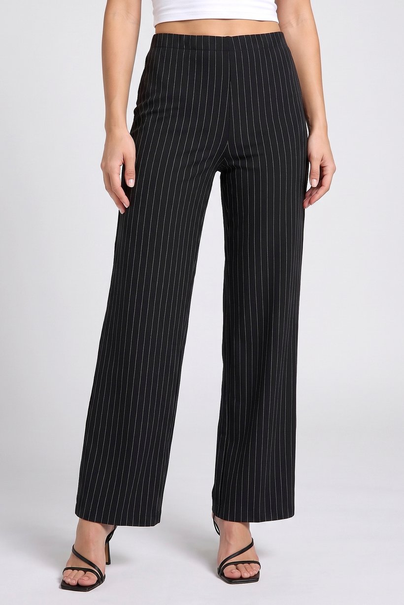 Women Regular Fit 34 Inseam Stripe Wide Leg Pants, Black