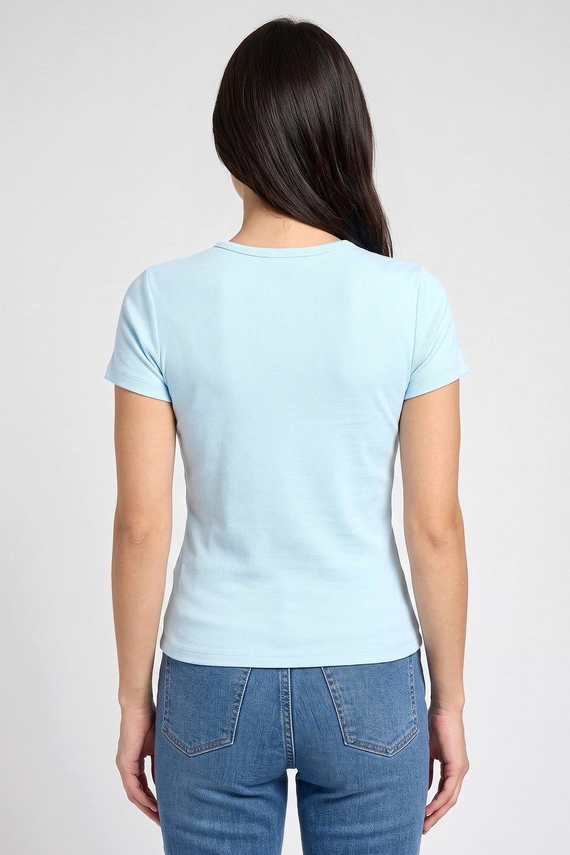 Women Crew Neck Short Sleeve Textured Crop Top, Sky Blue