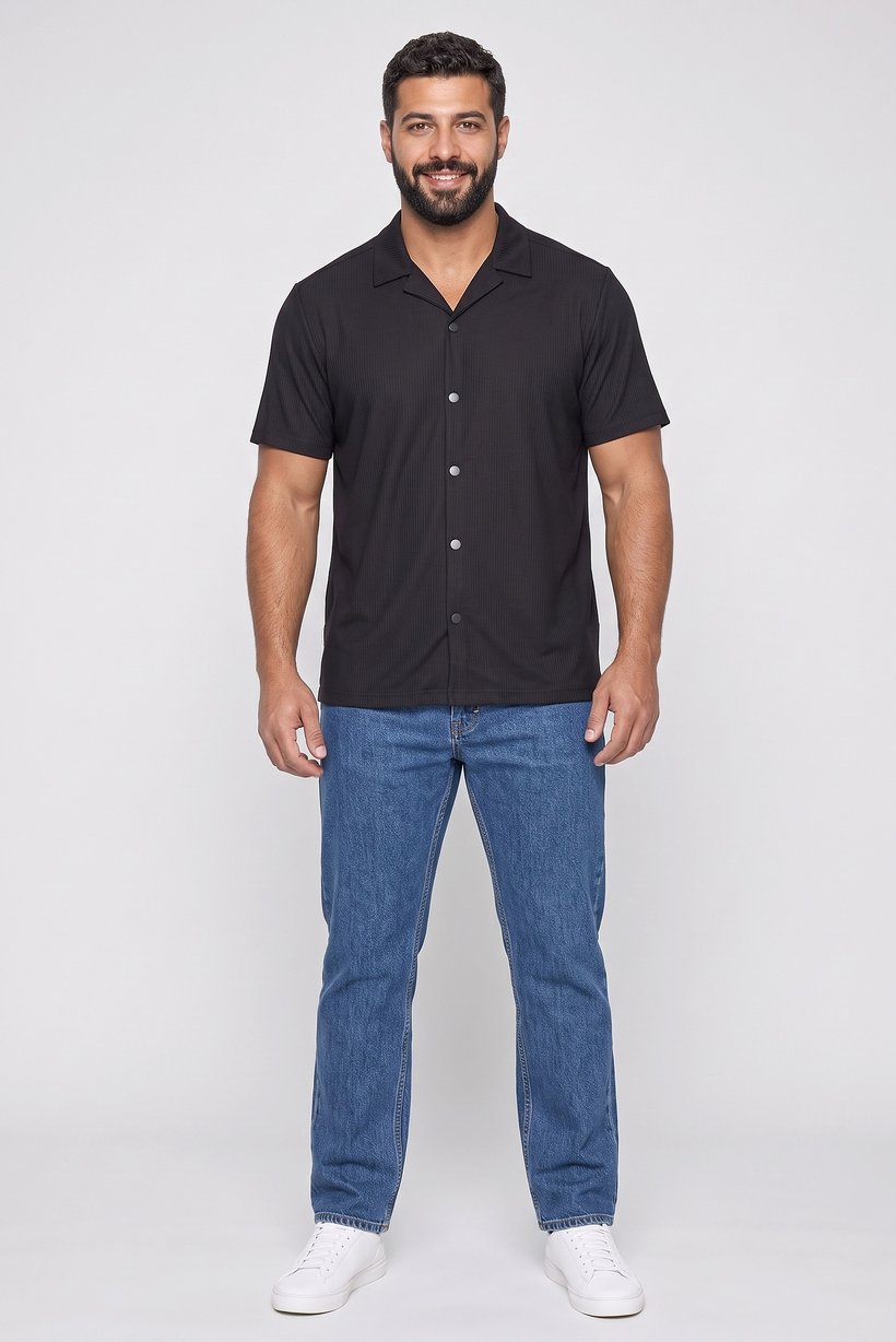Men Regular Fit Short Sleeve Textured Casual Shirt, Black
