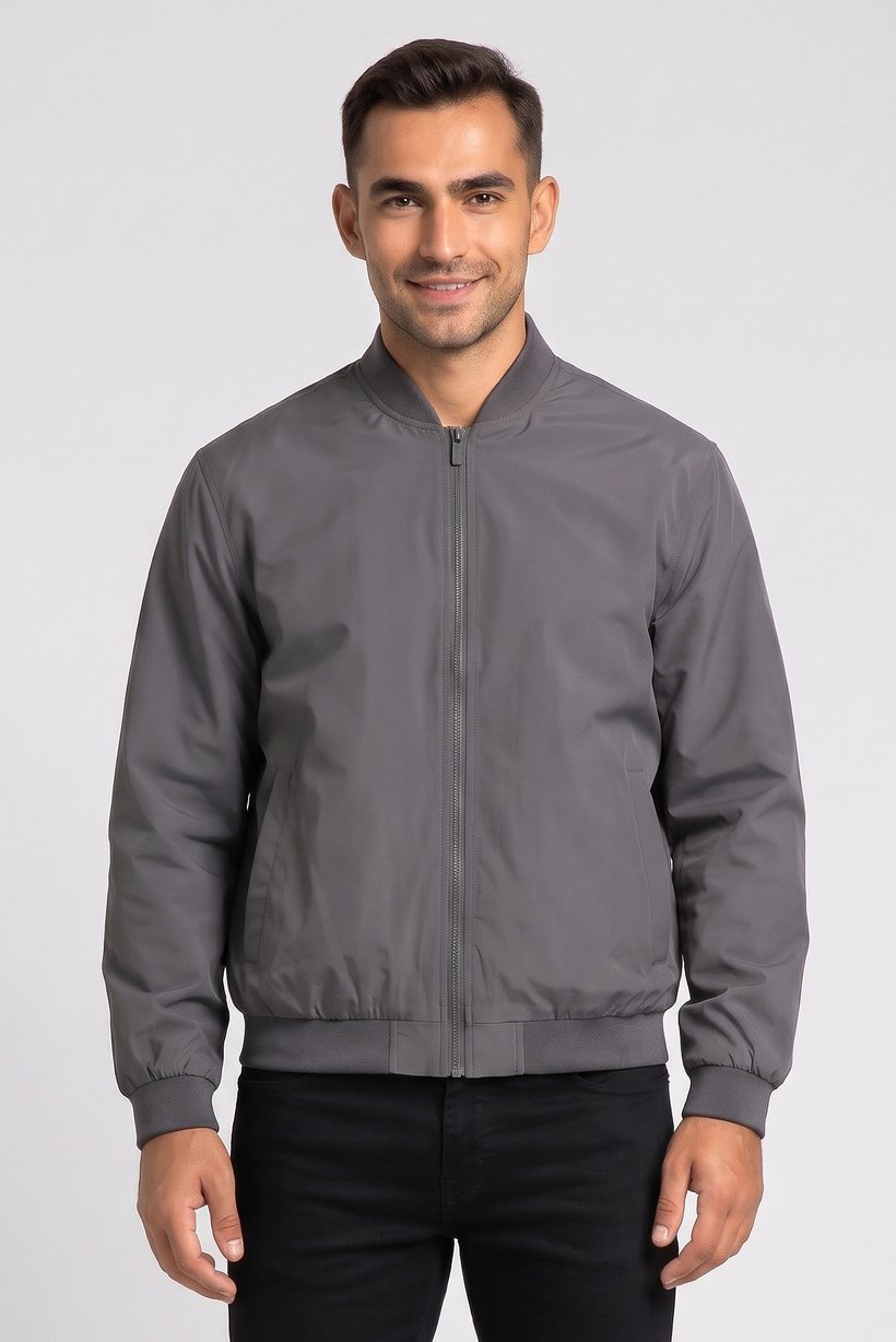 Men Solid Bomber Jacket, Grey