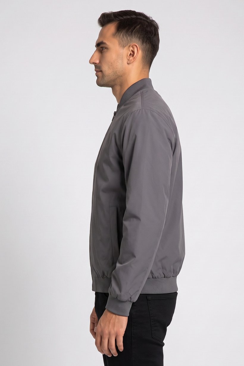 Men Solid Bomber Jacket, Grey