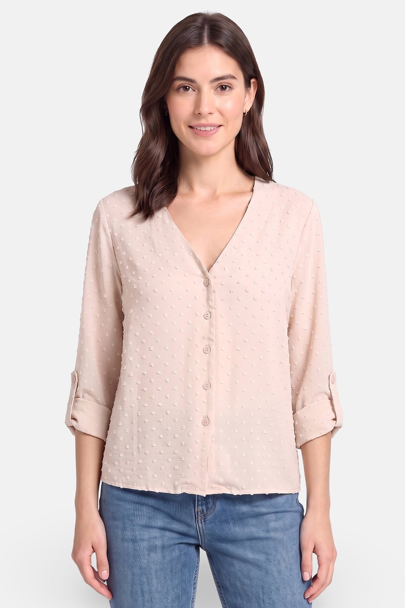 Women V Neck Long Sleeve Textured Blouse, Beige
