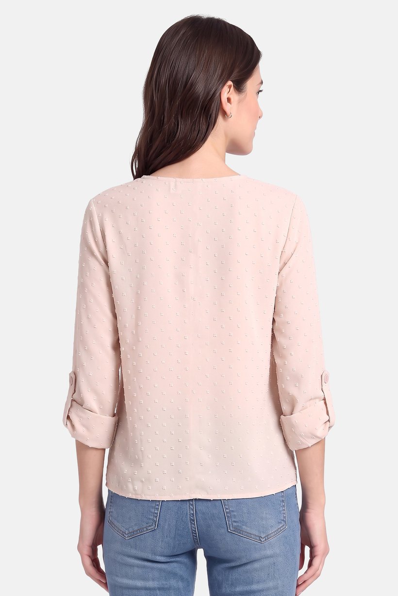 Women V Neck Long Sleeve Textured Blouse, Beige