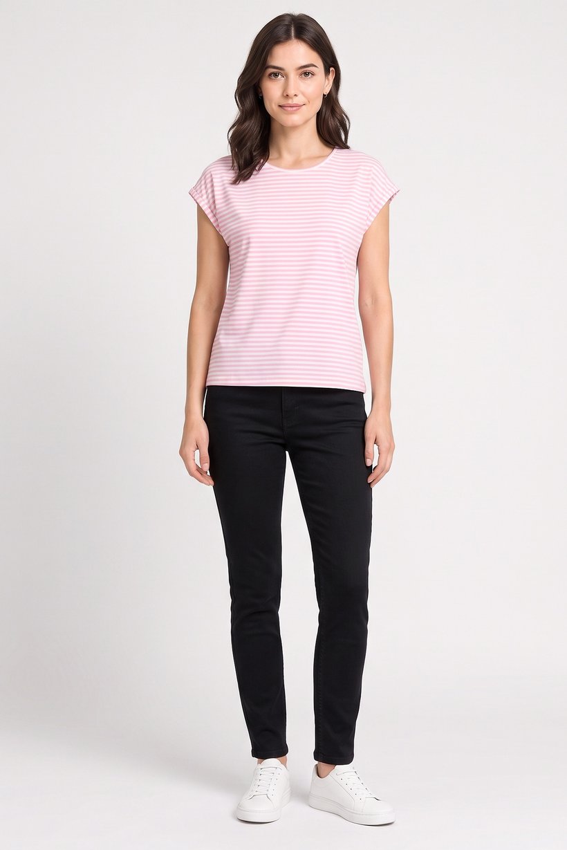 Women Round Neck Cap Sleeve Stripe T-Shirt, Multicolor