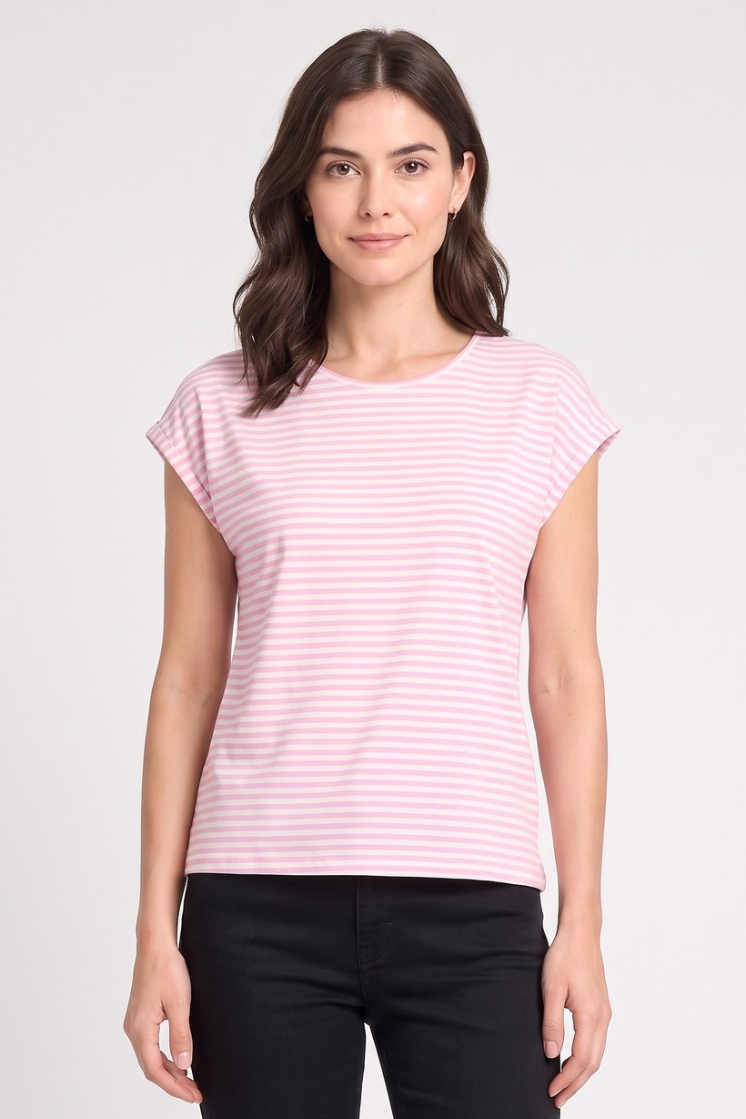 Women Round Neck Cap Sleeve Stripe T-Shirt, Multicolor