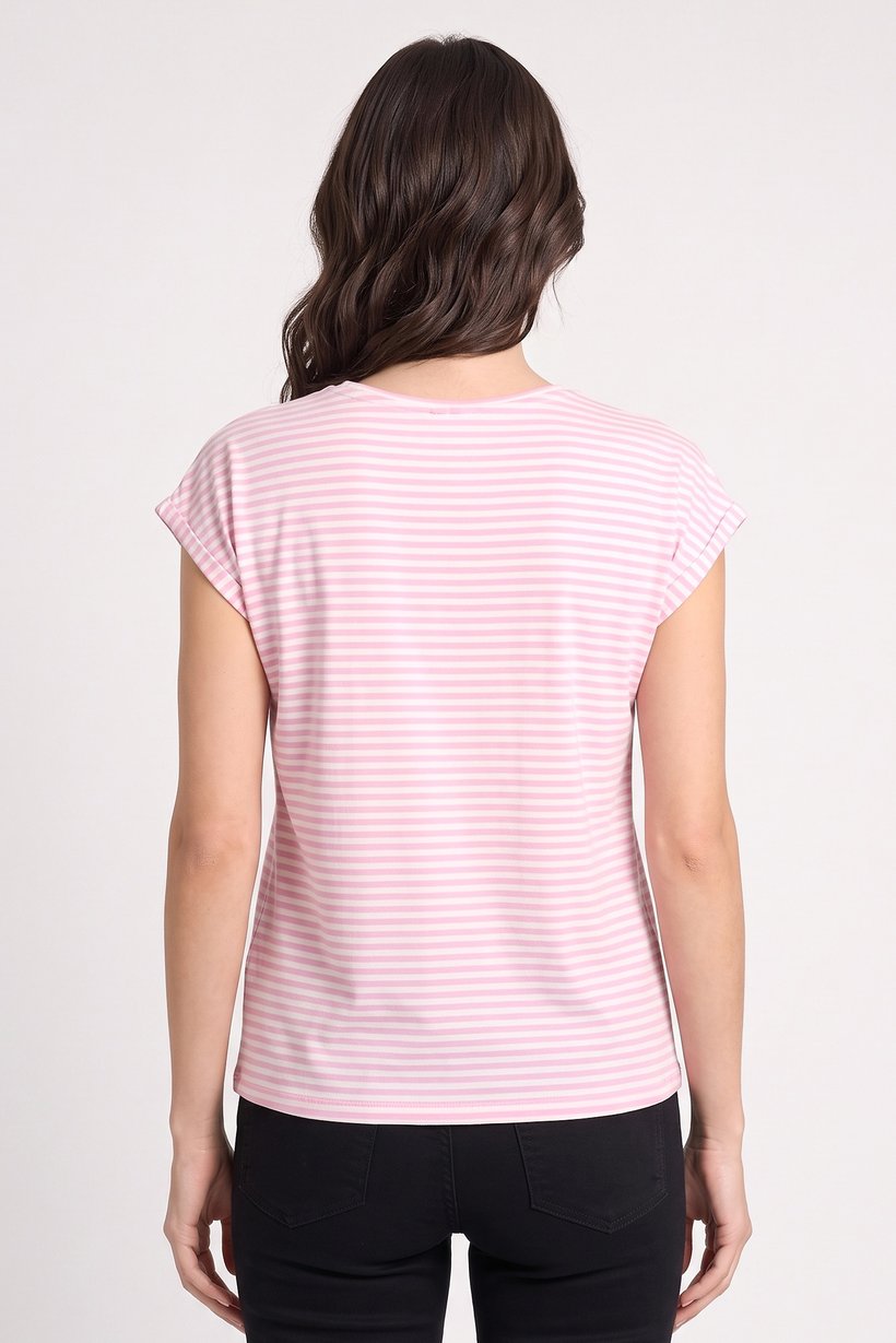Women Round Neck Cap Sleeve Stripe T-Shirt, Multicolor
