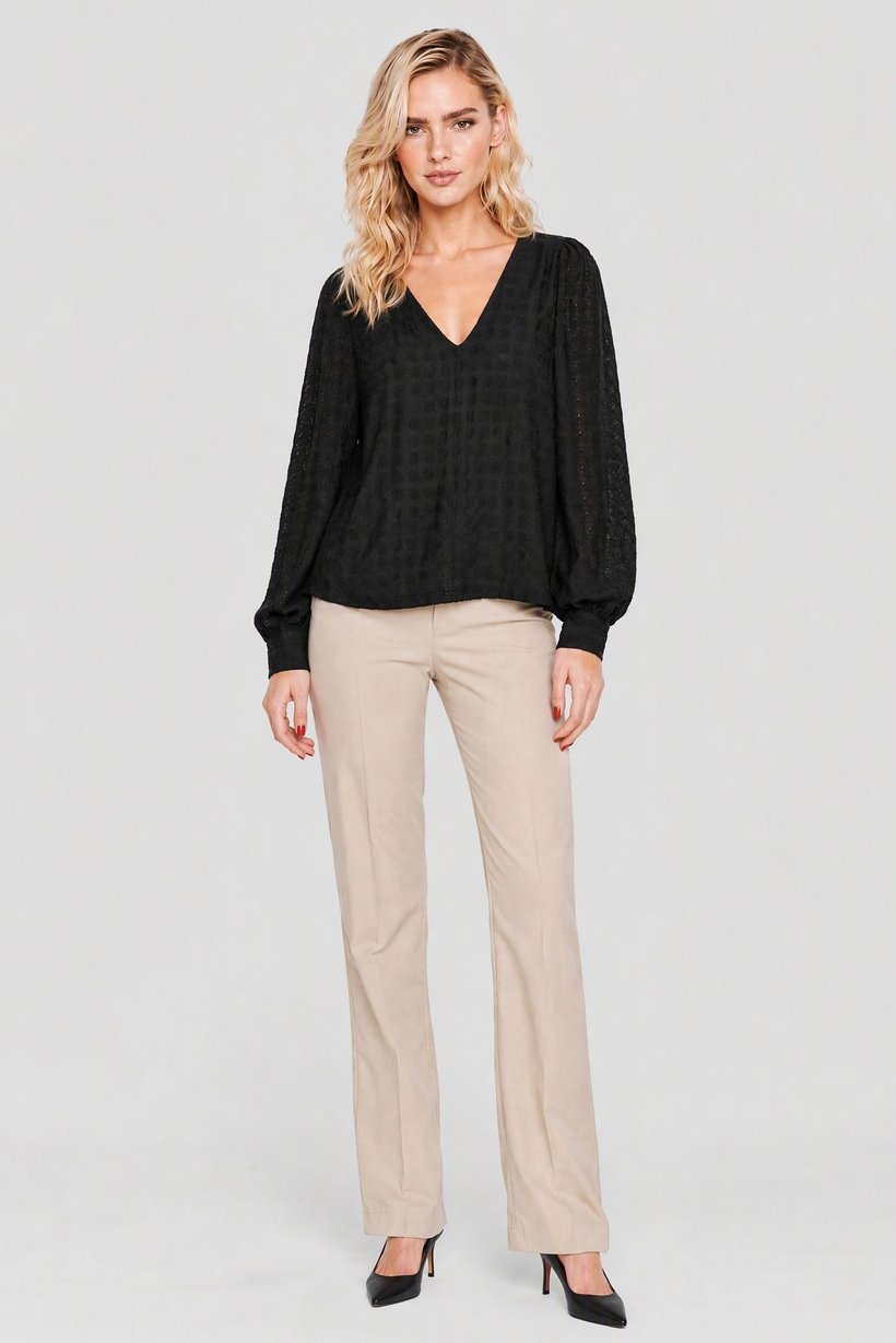 Women V Neck Long Sleeve Textured Blouse, Black