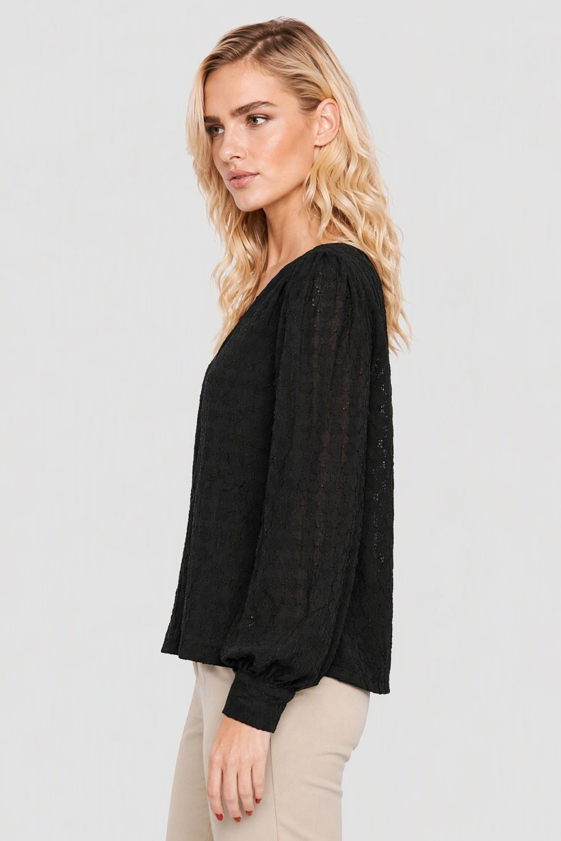Women V Neck Long Sleeve Textured Blouse, Black