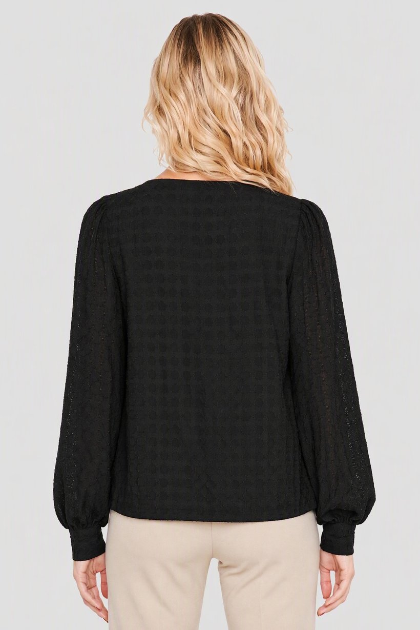 Women V Neck Long Sleeve Textured Blouse, Black