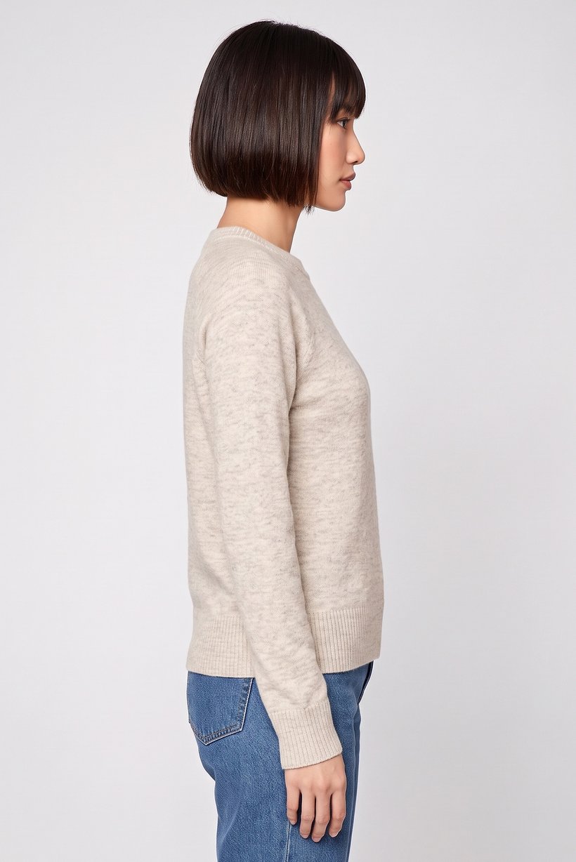Women Crew Neck Long Sleeve Textured Sweater, Beige