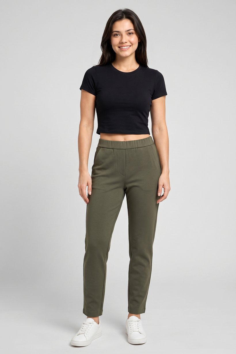Women Regular Fit Plain Straight Leg Pants, Dark Olive