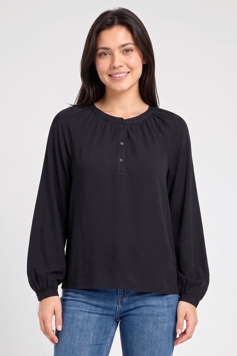 Women Crew Neck Long Sleeve Plain Blouse, Black