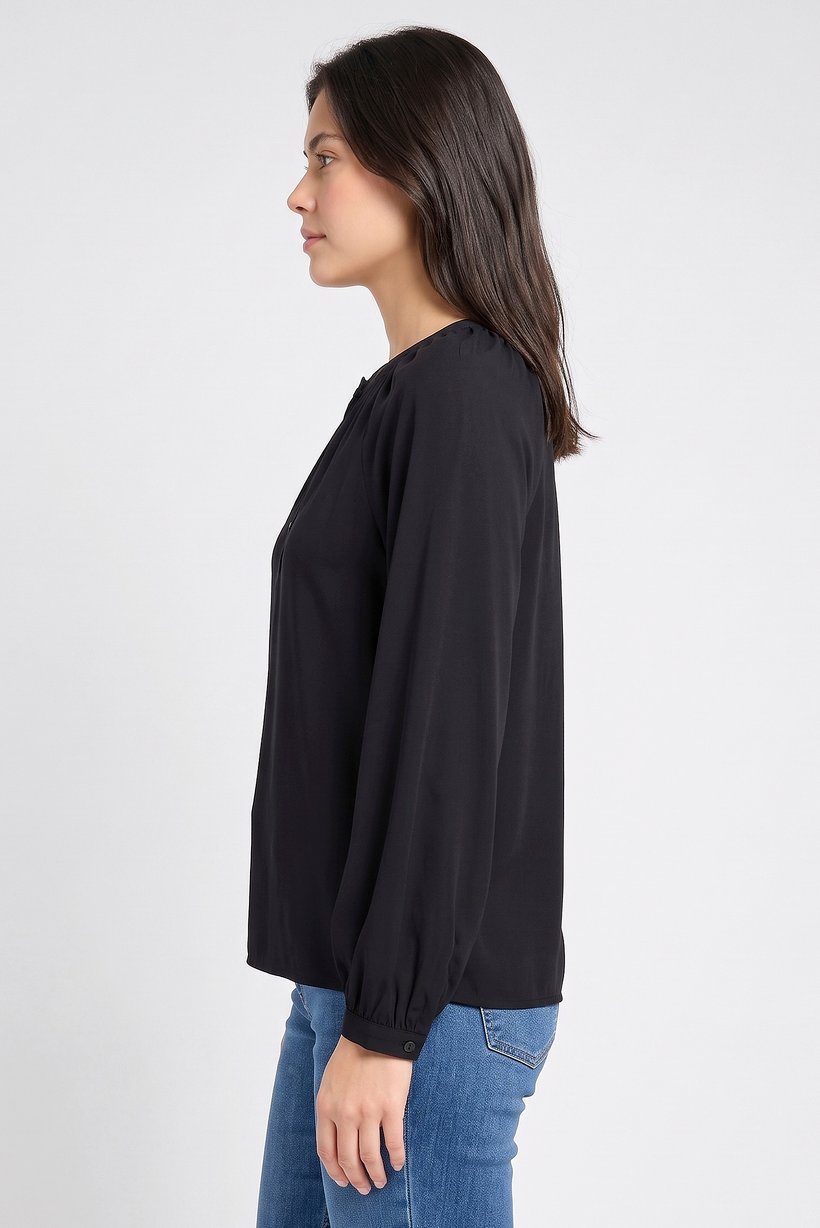 Women Crew Neck Long Sleeve Plain Blouse, Black