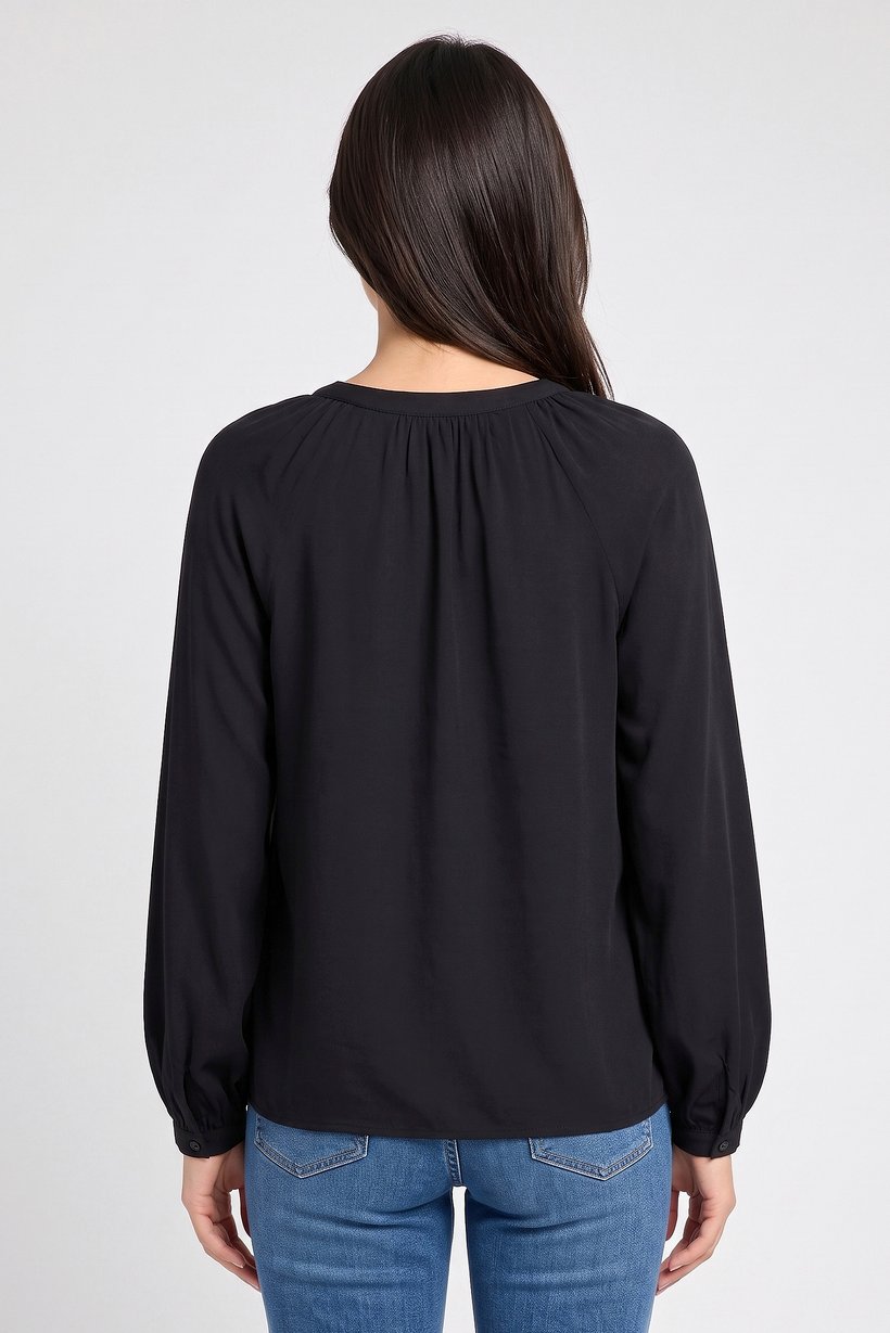 Women Crew Neck Long Sleeve Plain Blouse, Black