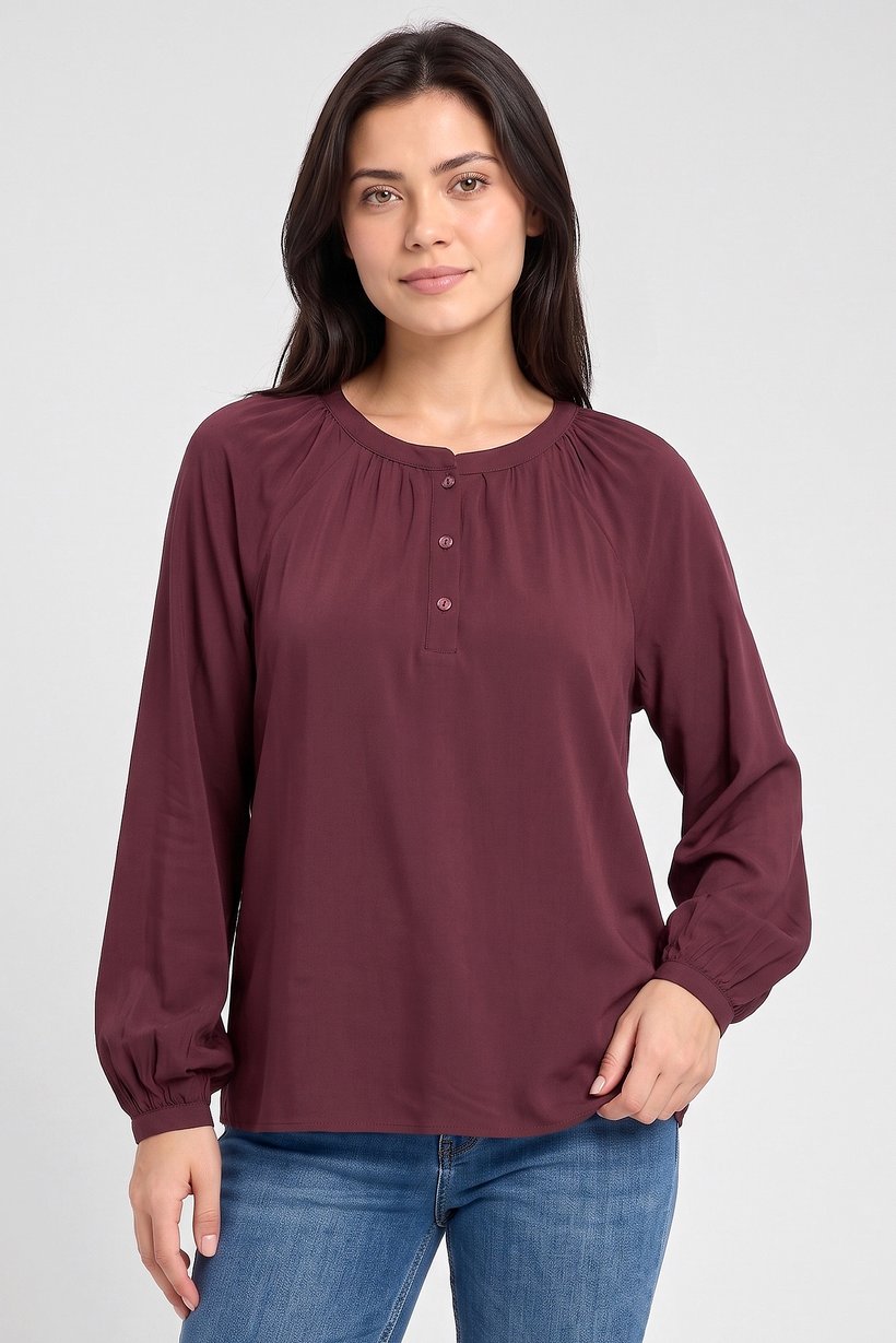 Women Crew Neck Long Sleeve Plain Blouse, Burgundy
