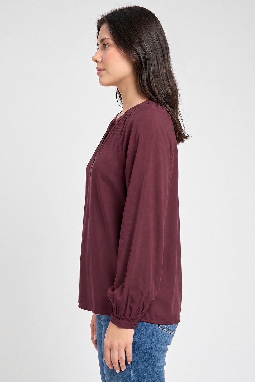 Women Crew Neck Long Sleeve Plain Blouse, Burgundy