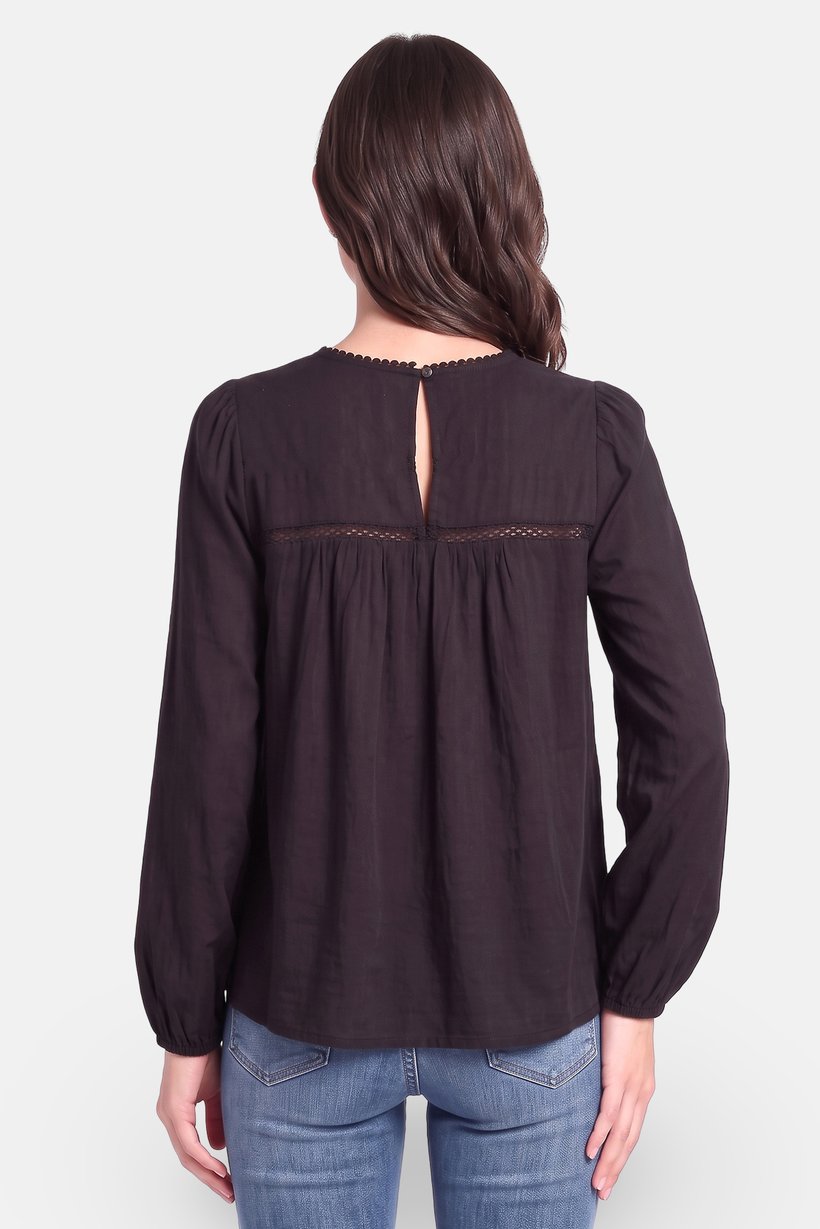 Women Crew Neck Long Sleeve Plain Blouse, Black