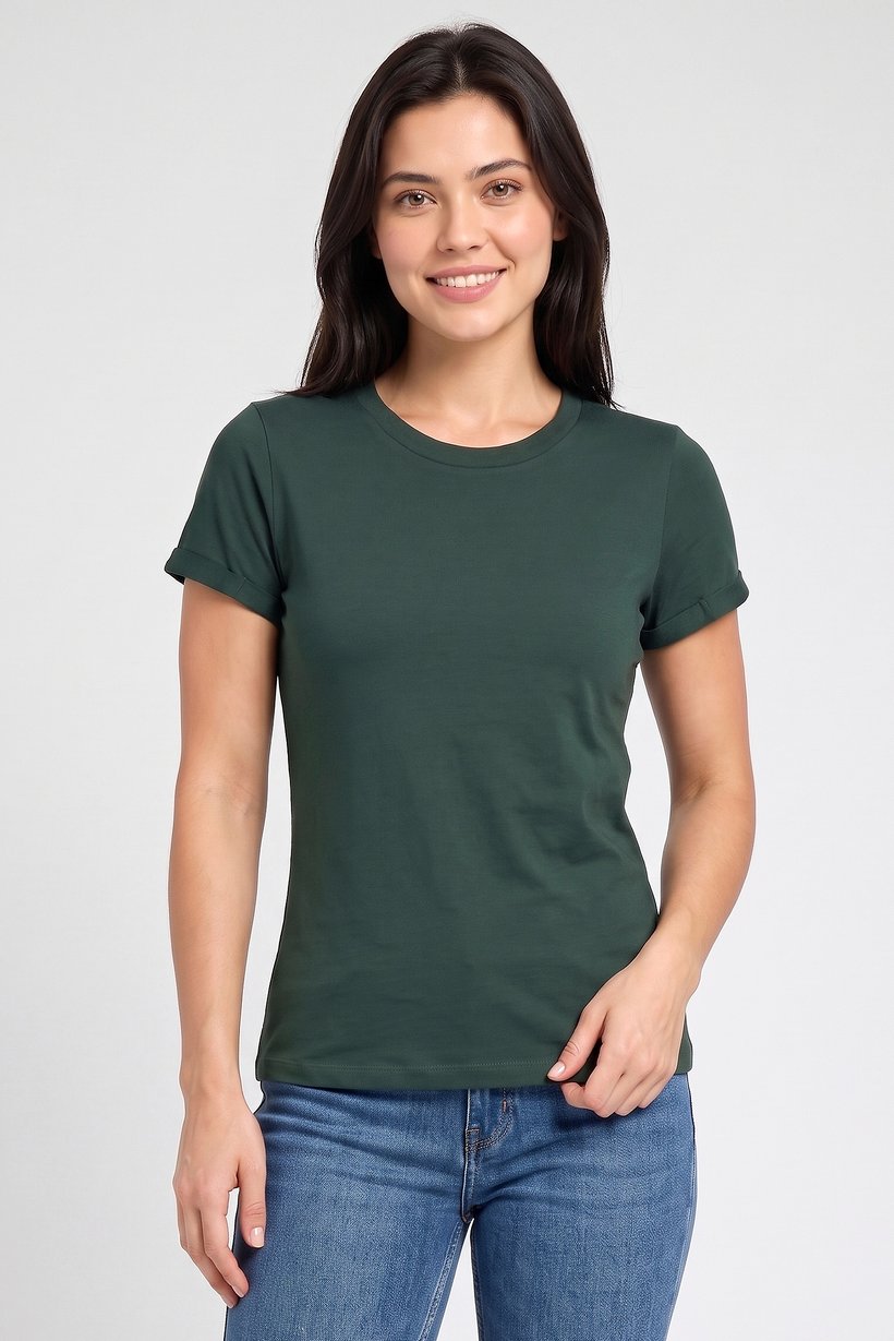 Women Crew Neck Short Sleeve Plain T-Shirt, Dark Green