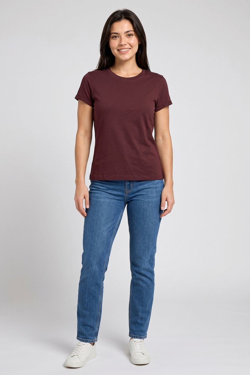 Women Crew Neck Short Sleeve Plain T-Shirt, Burgundy