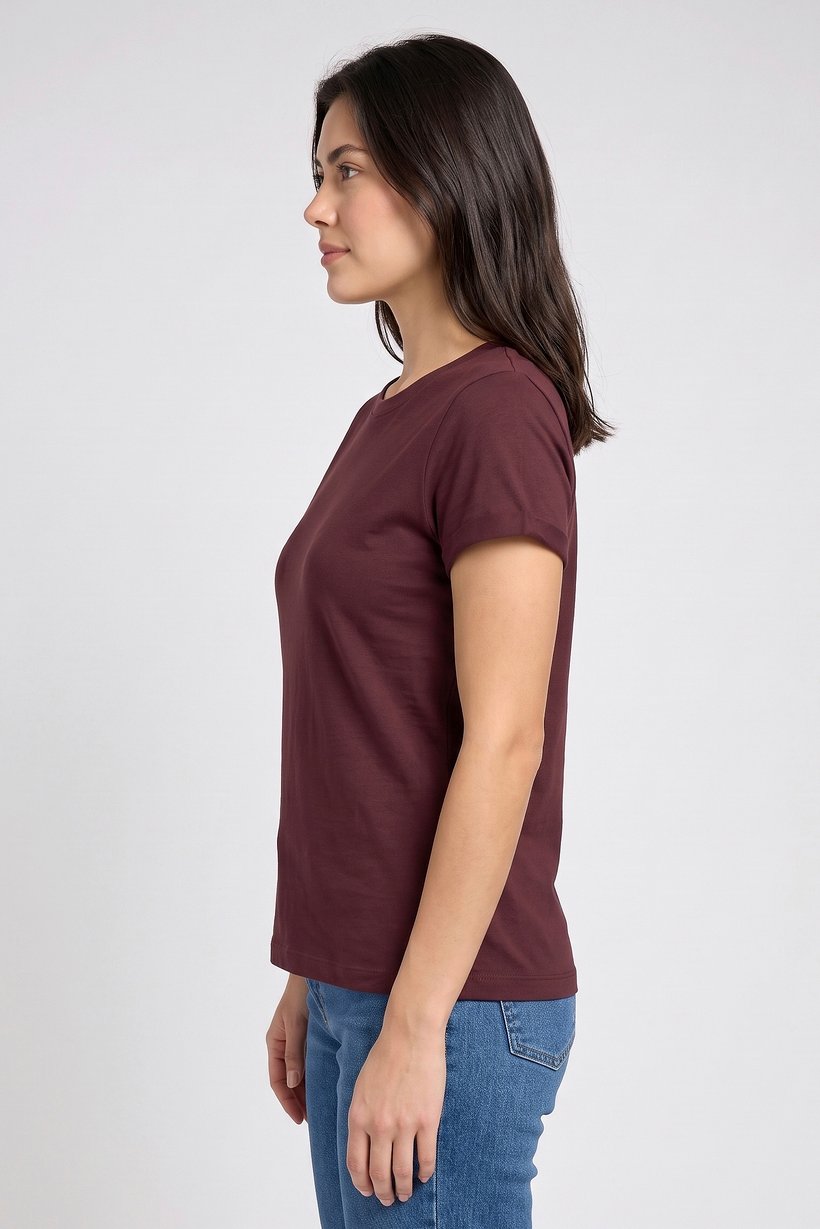 Women Crew Neck Short Sleeve Plain T-Shirt, Burgundy