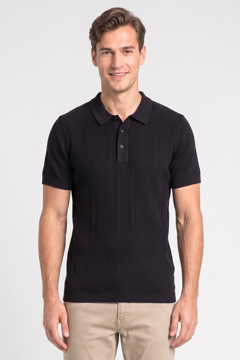 Men Regular Fit Textured Short Sleeve Polo Shirt, Black