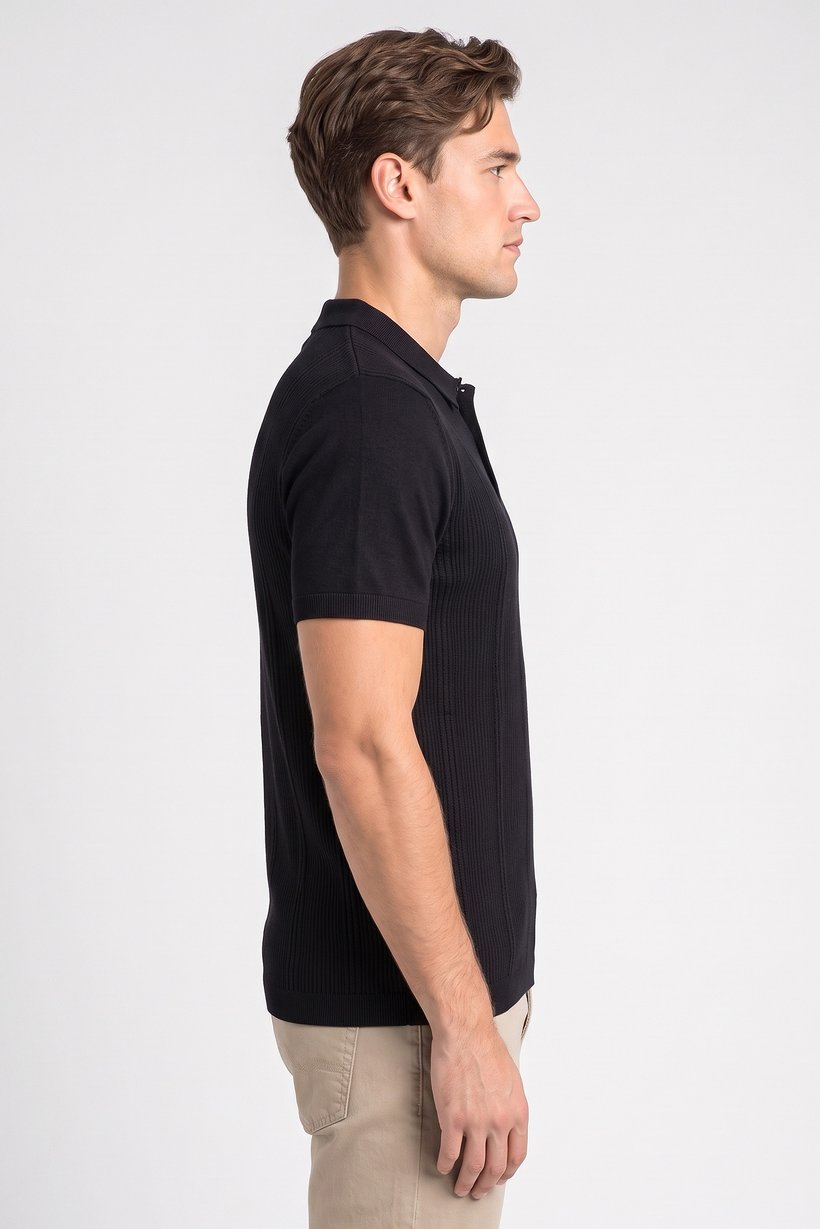 Men Regular Fit Textured Short Sleeve Polo Shirt, Black