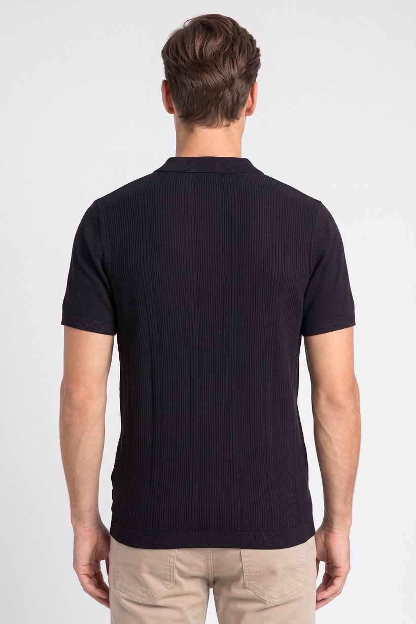Men Regular Fit Textured Short Sleeve Polo Shirt, Black