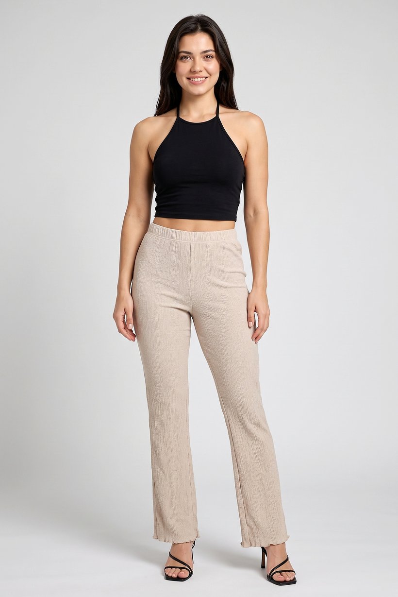 Women Regular Fit Textured Wide Leg Pants, Beige