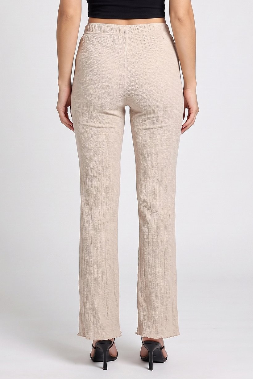 Women Regular Fit Textured Wide Leg Pants, Beige