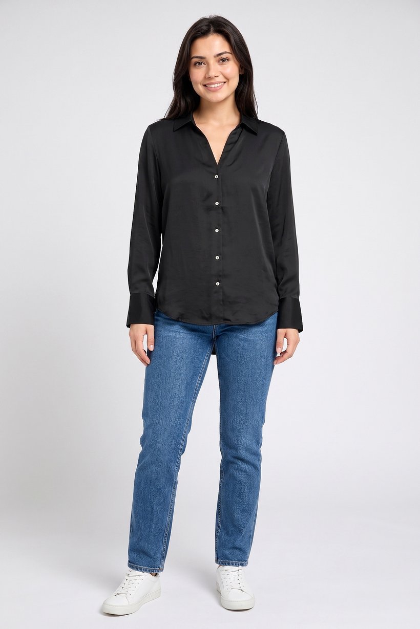 Women Spread Collar Long Sleeve Plain Shirt, Black