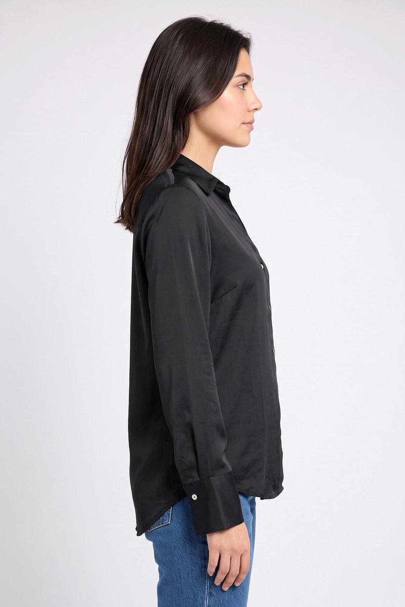 Women Spread Collar Long Sleeve Plain Shirt, Black