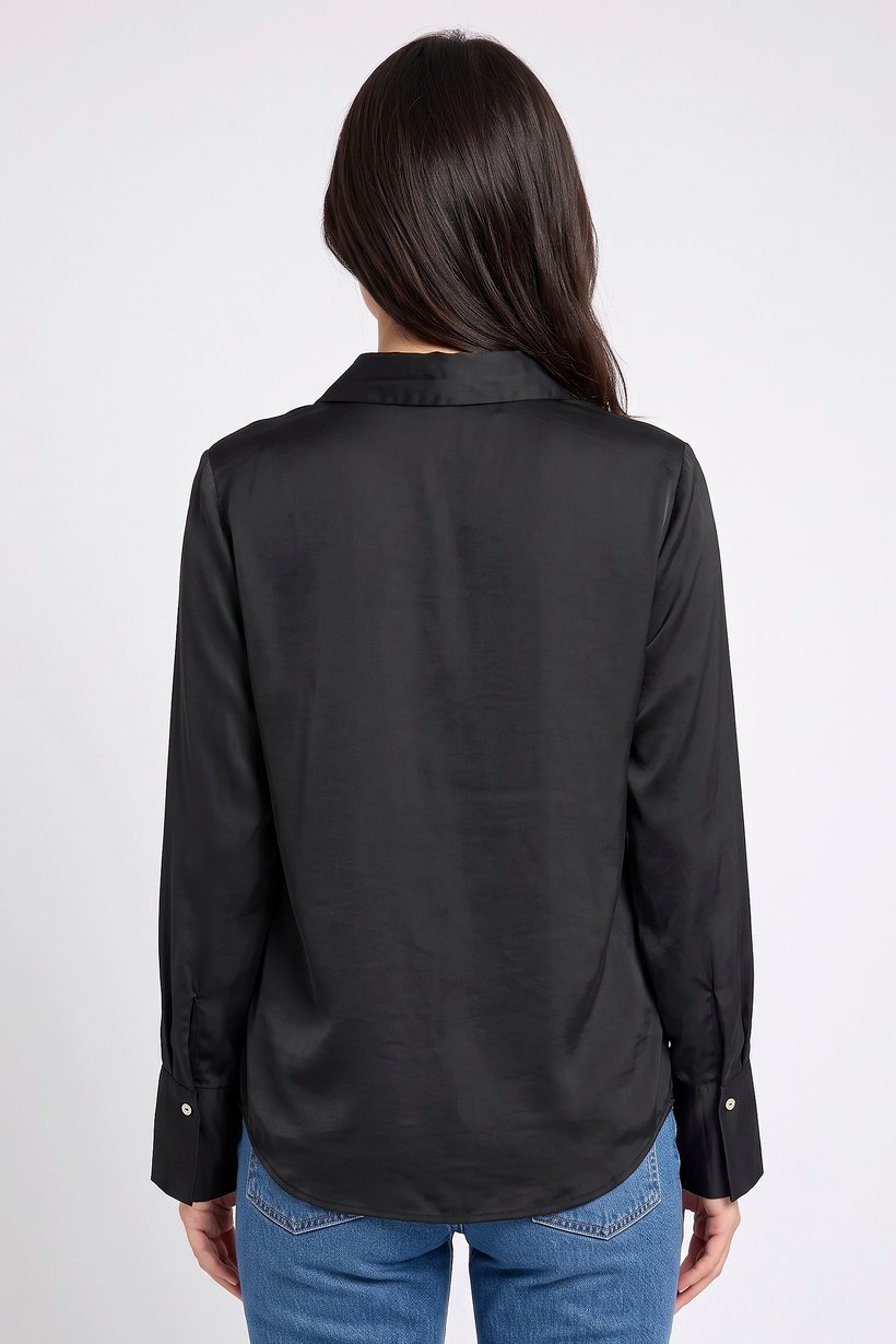 Women Spread Collar Long Sleeve Plain Shirt, Black